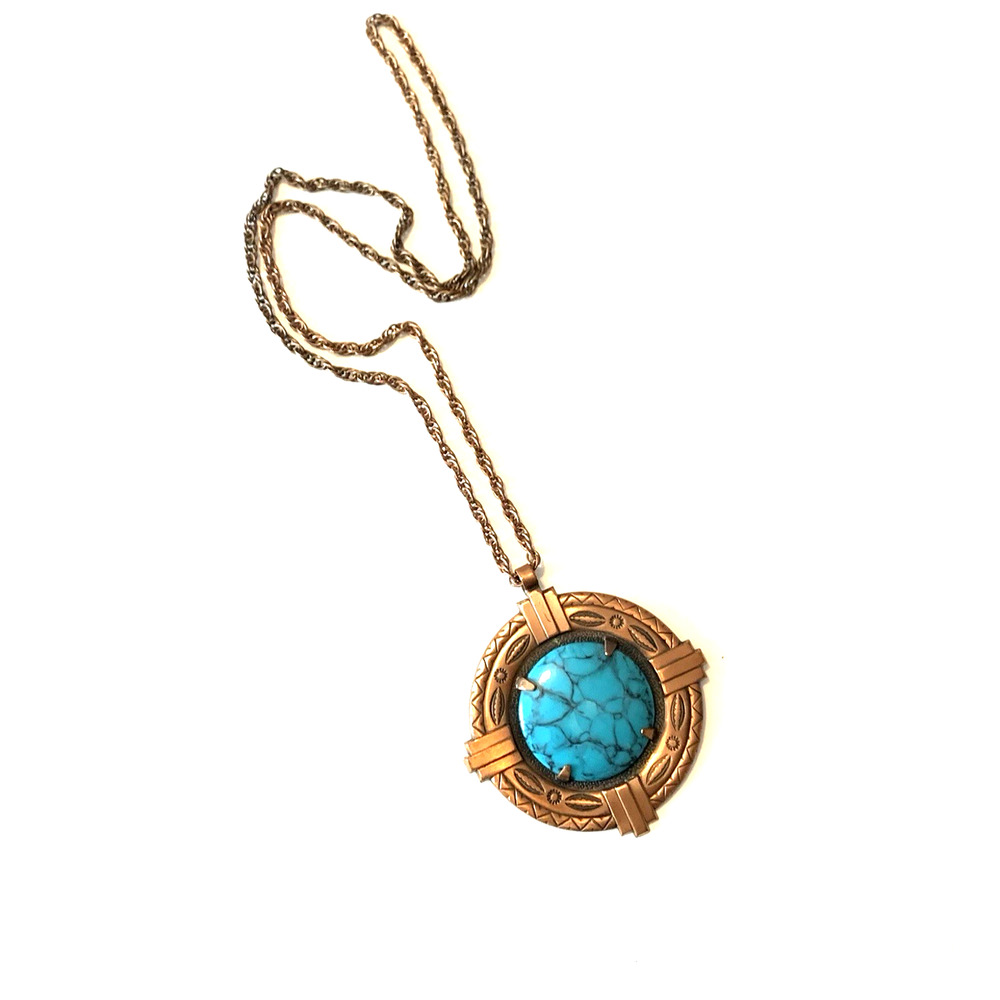 Vintage Southwestern Bell Trading Post Necklace Copper Lg Faux Turquoise Pendant